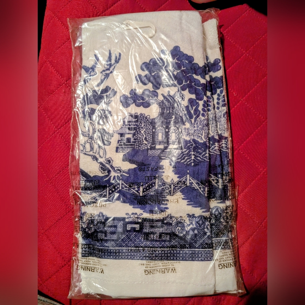 3 Pack Blue and White Kitchen Towels Toile Print Fabric